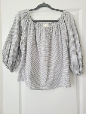 Maeve Horizontal Pin Stribe Balloon Sleeve Off Shoulder Cotton Blouse
